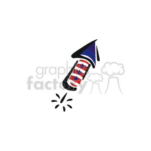 The clipart image depicts a stylized firework rocket, decorated with a pattern reminiscent of the American flag. The body of the rocket is adorned with stripes and stars typically found on the flag, and the rocket appears to be in motion with a spark trail indicating it has been ignited and is set to launch.