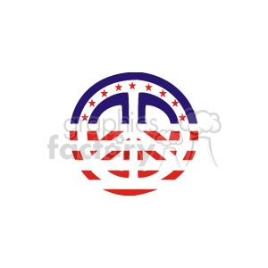 The clipart image features a peace symbol that is colored and styled with elements of the American flag. You can see red and white stripes along with white stars on a blue background, which are emblematic of the United States flag. The peace symbol itself is a widely recognized icon that originated as a symbol for nuclear disarmament and later became associated with peace movements.