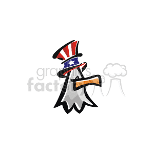 The clipart image depicts a stylized American eagle, wearing a patriotic Uncle Sam-style top hat decorated with stars and stripes, which represent the United States flag. The eagle appears to be in a confident pose with a stern expression.