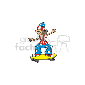 The clipart image features a caricature of an American patriot or hippy-style character skateboarding. The character is wearing a tall, striped hat and clothes with the American flag motif, featuring stars and stripes in red, white, and blue. They are riding on a yellow skateboard, with a relaxed and balanced pose. The image combines themes of American patriotism with skateboarding and could be used for various topics including Memorial Day, elections, voting awareness, and international events to represent American culture.