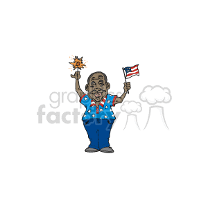 The clipart image showcases a cartoon of an African-American man celebrating with patriotic flair. He is holding a small American flag in one hand and a sparkler in the other, suggesting a festive atmosphere likely related to a national holiday such as Labor Day. He is wearing a shirt patterned with stars and stripes, reinforcing the American patriotic theme.