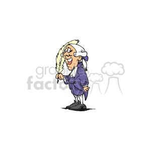 The image depicts a cartoon of a historical figure commonly associated with early American history, likely intended to resemble one of the American Founding Fathers, given the colonial attire. The character is wearing a purple coat, breeches, a white waistcoat, stockings, black shoes with buckles, and is holding a quill pen. This caricature features prominently a white wig styled in a fashion typical of the 17th and 18th centuries.