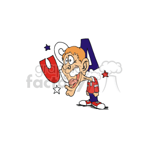 The image is a cartoon-style clipart featuring a character that is stylized in a goofy manner, commonly associated with exaggerated features and expressions in western animation. The character is standing in front of a stylized depiction of the letters USA, which suggests American patriotism. The character has stars around its head, which can imply a dizzy or disoriented state, often used in cartoons to denote confusion or a lightheaded feeling. Despite keywords such as labor+day, teen, kid, dizzy, drunk, party, and International Patriotic being provided, the actual content of the clipart does not necessarily directly suggest all these themes; for instance, there are no clear indications of a party, labor day celebration, or international context. The image seems rather to be a generic representation of American patriotism with a playful twist.