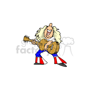 The clipart image shows a cartoon character of a musician or singer playing an acoustic guitar. The character is depicted as having long blonde hair, a big smile, and is wearing a shirt and pants with an American flag pattern (red, white, and blue). The character seems to be happily singing or performing.