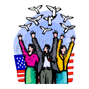 The clipart image depicts a group of stylized people with their arms raised, seemingly in celebration or perhaps in a gesture of peace. Above them, several doves are flying, which are often symbols of peace. One of the figures is holding an American flag, suggesting a patriotic theme. The overall image conveys a sense of commemoration or celebration, possibly linked to a day of national significance, such as Memorial Day in the USA, where remembrance and a desire for peace are common themes.