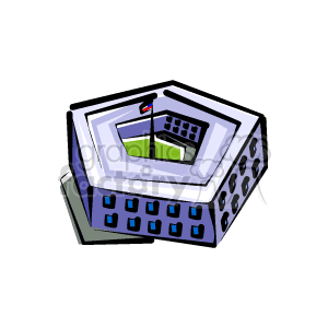 This clipart image depicts a stylized representation of the Pentagon, the headquarters of the United States Department of Defense. The image shows a five-sided building typical of the Pentagon's unique architectural design, with windows and an American flag on one segment.