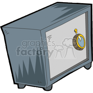 The clipart image depicts a closed safe, commonly used for securing valuables such as money, documents, and jewelry. The safe has a metallic construction with a combination dial lock on the front door, indicating a mechanism for secure access.