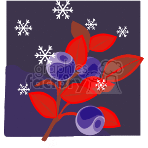 This clipart image contains stylized illustrations of plants with red leaves and blue berries, surrounded by white snowflakes, against a dark background.