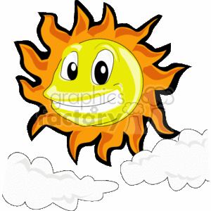 The clipart image shows a stylized sun with a smiling face, implying a happy or cheerful emotion. Surrounding the sun are a few puffy white clouds, typically associated with partly cloudy but pleasant weather. These elements suggest a theme of sunny and cheerful weather, often associated with summer days.
