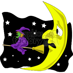 The clipart image depicts a stylized yellow crescent moon with a face, looking at a purple witch character flying on a broom. The witch is wearing a traditional pointed witch's hat and is situated in a night sky filled with white stars. The scene conveys a whimsical Halloween theme.
