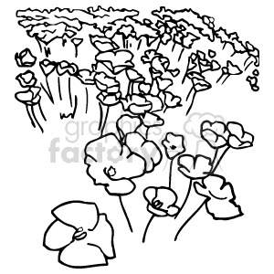 The clipart image features a stylized representation of a field of flowers. With the prominent presence of flowers and the suggestion of an abundance of plant life, it gives the impression of a lush floral scene. The flowers appear in various sizes and at slightly different elevations, indicating a natural, wild growth rather than a manicured garden. The design is monochromatic and seems to be suitable for coloring activities or as a decorative element in various media.
