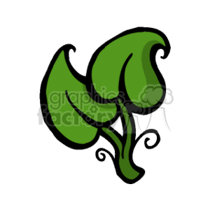 The clipart image depicts a stylized illustration of green plant sprouts with two large leaves and curly tendrils or vines. The leaves have prominent veins and the overall shape has an artistic, simplified representation of young plant growth.