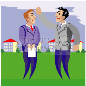 The clipart image depicts two cartoon men dressed in suits, one with a mustache, engaging in a confrontational manner outside. The man with the mustache appears to be raising his hand, possibly in a threatening gesture, towards the other man who is holding papers and looks surprised or shocked. They are standing on a grassy lawn with two buildings in the background under a blue sky with a few clouds.