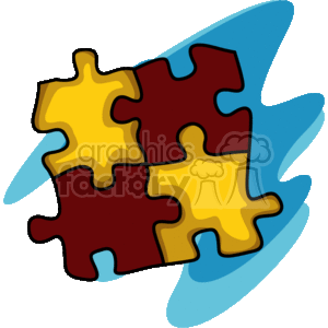 The image is a simple illustration of four interlocking puzzle pieces. There are two yellow pieces and two red pieces, all connected together. The puzzle sits on top of a blue abstract shadow or design, giving it a slight three-dimensional effect.