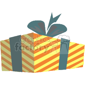 The image depicts a clipart of a striped gift box with a ribbon on top. The stripes are in alternating shades of what appears to be yellow and orange, and the ribbon seems to be blue or black.