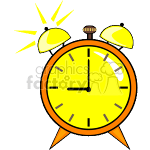 The image depicts a traditional yellow analog alarm clock with its bells and hammer on top, which are used to create the alarm sound. The clock has a simple clock face with hour, minute, and second hands, and markings for each hour. It appears to be set against a dark background, and there are yellow rays around the bells, suggesting the loud ringing of the alarm.