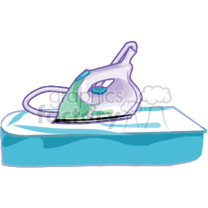 The clipart image displays an electric steam iron placed on top of a folded ironing board. Both items are depicted in a simplistic, stylized manner with a clear delineation and a limited color palette.