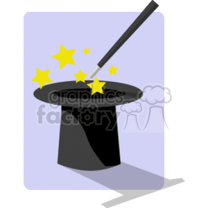 The clipart image features a classic magician's top hat with a magic wand touching the brim, and several yellow stars are floating above the hat, suggesting a magical effect is taking place.