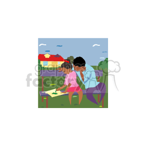 The clipart image depicts two African American children, a boy, and a girl, sitting on a bench outdoors. The scene shows a residential area with a house and trees in the background. The girl is drawing or coloring on a piece of paper, and the boy is sitting beside her, looking at the paper, likely expressing interest or offering assistance in her activity.