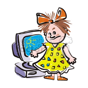 Cartoon girl in a yellow dress with an orange bow in her hair staning in front of a computer
