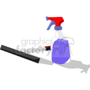 This clipart image contains items typically used for cleaning windows. There is a spray bottle with a blue liquid inside it, which likely represents a cleaning solution. Next to the spray bottle, there is a squeegee, a tool with a flat, smooth rubber blade used to remove or control the flow of liquid on a flat surface.
