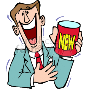 The clipart image features a cartoon of a cheerful man wearing a suit and tie, holding a can with the word NEW prominently displayed on it. His expression and posture suggest enthusiasm and eagerness, often associated with a salesperson or host presenting a new product, possibly in the context of a TV commercial or marketing campaign.
