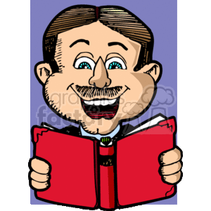 In this clipart image, we see a man with a mustache holding and reading a red book. He is smiling, has blue eyes, and is wearing a red vest over a white shirt with a black tie. There's a sense of enthusiasm or joy in his expression that suggests he is either enjoying the content of the book or the act of reading itself.