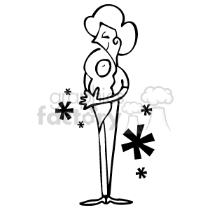The clipart image features a stylized depiction of a mother cradling a baby. The mother is standing, and the illustration is monochromatic with a simple, minimalistic design. The baby appears content in the mother's embrace. The background includes abstract flower-like shapes, which could signify decoration or a playful, loving atmosphere.