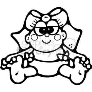 The image is a black and white clipart of a stylized baby girl. She is wearing a large bow and has a happy expression on her face. The image uses simple line art and is likely intended for use in various graphic design applications.