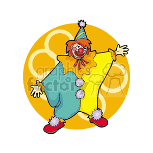 A Silly Clown Wearing Yellow and Blue Holding his hands out With a Cone Hat