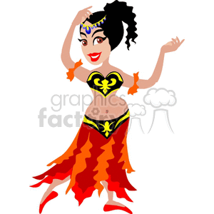 A Black Haired Woman in a Black Yellow and Red Costume Dancing with her Arms Up