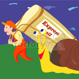 The clipart image illustrates a whimsical scenario where a snail is humorously depicted as a delivery creature or mail carrier, carrying an oversized package on its back that is labeled Express Mail. There's a delivery man or mailman character who appears to be frustrated or unhappy, likely due to the snail's slow pace, which is comically at odds with the Express Mail label on the package. The overall scene suggests a play on the contrast between the slow nature of snails and the fast service implied by express mail delivery.