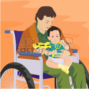 The clipart image depicts a heartwarming scene of a person in a wheelchair holding a baby on their lap. The person is smiling down at the child, who appears happy and is playing with a colorful toy. The adult is casually dressed and appears content in the shared moment with the baby. The background is abstract with warm tones that contribute to the overall pleasant and intimate atmosphere of the scene.