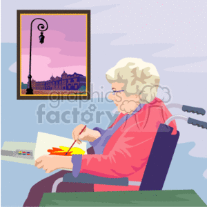 This clipart image depicts an elderly woman in a wheelchair engaged in the activity of painting. She appears focused on her artwork, which is placed on her lap or a holding device attached to her wheelchair. The setting includes a background with a large ornate lamp post featured within a framed picture, suggesting she may be painting a scene from earlier memory or from a picture, rather than the immediate surroundings. The color palette includes soft tones of blues, pinks, and yellows.
