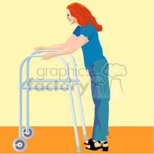 The image is a clipart depicting a woman with red hair using a walker. She is standing and leaning slightly forward on the walker, suggesting that she might be in the process of walking or standing still. The walker has two visible wheels at the front. The woman is wearing a blue blouse and blue pants, with black shoes that have yellow accents. The background is a plain light yellow with an orange floor or base.