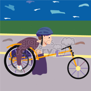 The clipart image features a person using a racing wheelchair on a track. The individual is depicted with an athletic posture, using their arms to propel the wheelchair forward. The background suggests an outdoor setting with a blue sky dotted with clouds, and a green area that could represent grass, indicating that the event is taking place outside. The racing wheelchair is equipped with specialized wheels for speed and performance.
