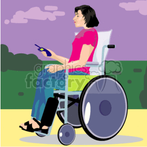 A Woman with a Pink Shirt Sitting in a Wheelchair Holding a Phone