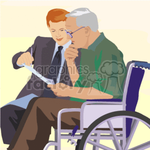 The image depicts a younger man in a suit, potentially a salesman or insurance agent, seated beside an older man in a wheelchair, who appears to be a senior citizen. The younger man is holding papers, possibly a contract or insurance paperwork, and both are engaged in what seems to be a serious conversation about the documents. The older man is attentively looking at the papers, perhaps considering the information being presented to him.
SEO Image Title: Insurance Agent Discussing Contract with Senior Citizen in Wheelchair