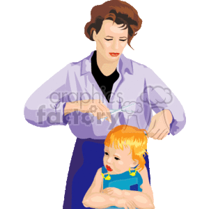 This clipart image illustrates a hair stylist, who appears to be a woman, giving a haircut to a young child, possibly a toddler. The child is sitting and looking down, while the hair stylist is focused on trimming the child's hair. The stylist is holding a pair of scissors and appears to be in the process of cutting.
