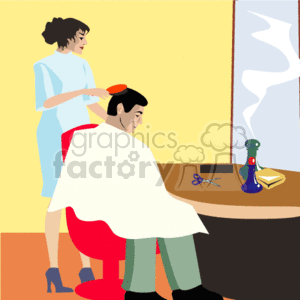 This clipart image depicts a scene at a barbershop. A male client is sitting on a red barber chair covered with a protective cape. A female hair stylist is standing behind him, combing his hair with a hairbrush. On the side, there is a counter or table with a pair of scissors, a spray bottle, and what appears to be a book or magazine. In the background, there's a mirror that reflects a part of the barbershop.