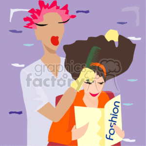 The clipart image depicts a scene in a hair salon where a hair stylist is styling or cutting the hair of a female client. The stylist appears to be combing or trimming the client's hair with scissors while the client is looking at a magazine with the word Fashion on the cover. The background suggests a salon setting with simplistic representations of what could be mirrors or windows. Colorful and stylized, the image conveys the concept of beauty and hair fashion.