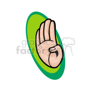 The clipart image shows a single hand held up in a stop gesture against a green oval background. The hand is depicted with the palm facing outward, indicating a halt or pause which is commonly associated with the word 'stop'.