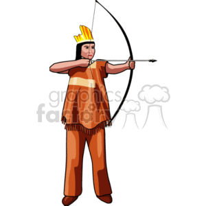 The clipart image shows a person, potentially depicted as a Native American, wearing traditional attire including a headdress with feathers, and holding a bow with a drawn arrow in a shooting stance.