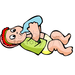 The clipart image displays a cartoon baby lying on its back while drinking from a bottle. The baby is dressed in a yellow top and is wearing a red headband with what appears to be decorative frills.