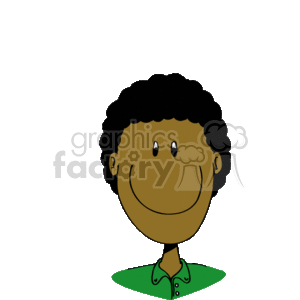 The image is a simple clipart illustration of a boy with a happy and smiling face. The boy appears to be of African descent, with black curly hair, and is wearing a green shirt.