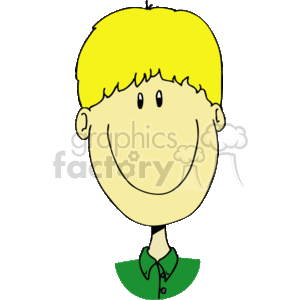 The clipart image depicts a stylized illustration of a happy boy with blonde hair. He is smiling and wearing a green shirt with the collar visible.