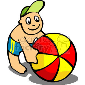 This clipart image depicts a cartoon of a child playing with a large, colorful beach ball. The child is wearing a visor cap and swimsuit, suggesting a playful, summertime beach setting.