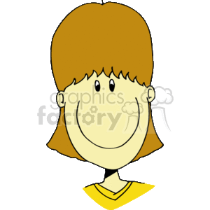 The image depicts a cartoon of a smiling girl with brown hair, bangs, and a yellow shirt. She has a simple and cheerful expression.