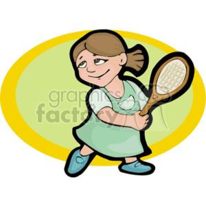 The image is a clipart illustration of a young girl holding a tennis racket. She appears to be in a playful stance, ready to hit a tennis ball. She has brown hair and is wearing a light-colored dress with shoes.