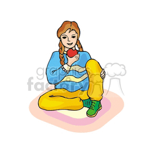 Girl in braids sitting on the floor eating an apple